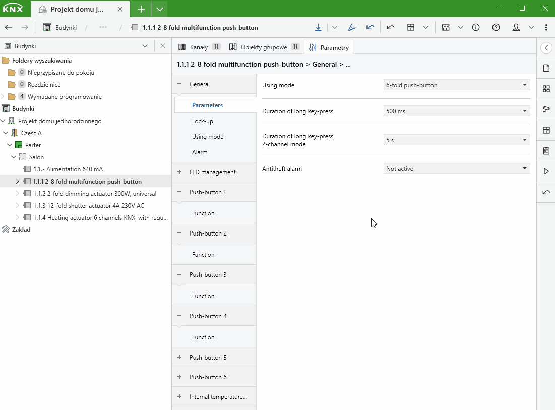 Ustawienie funkcji przycisku 5 jako załączanie termostatu oraz ustawienie przycisku 6 jako jego wyłączanie