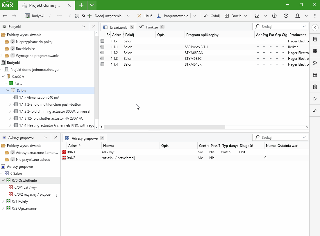 Łączenie obiektów oświetlenia (rozjaśnij/przyciemnij) z grupami adresowymi