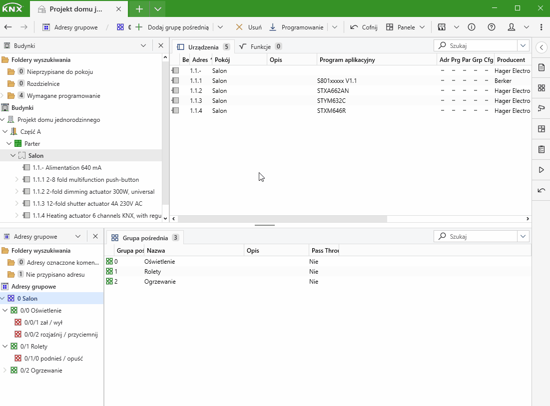 Łączenie obiektów obsługi termostatu (zał/wył) z grupami adresowymi